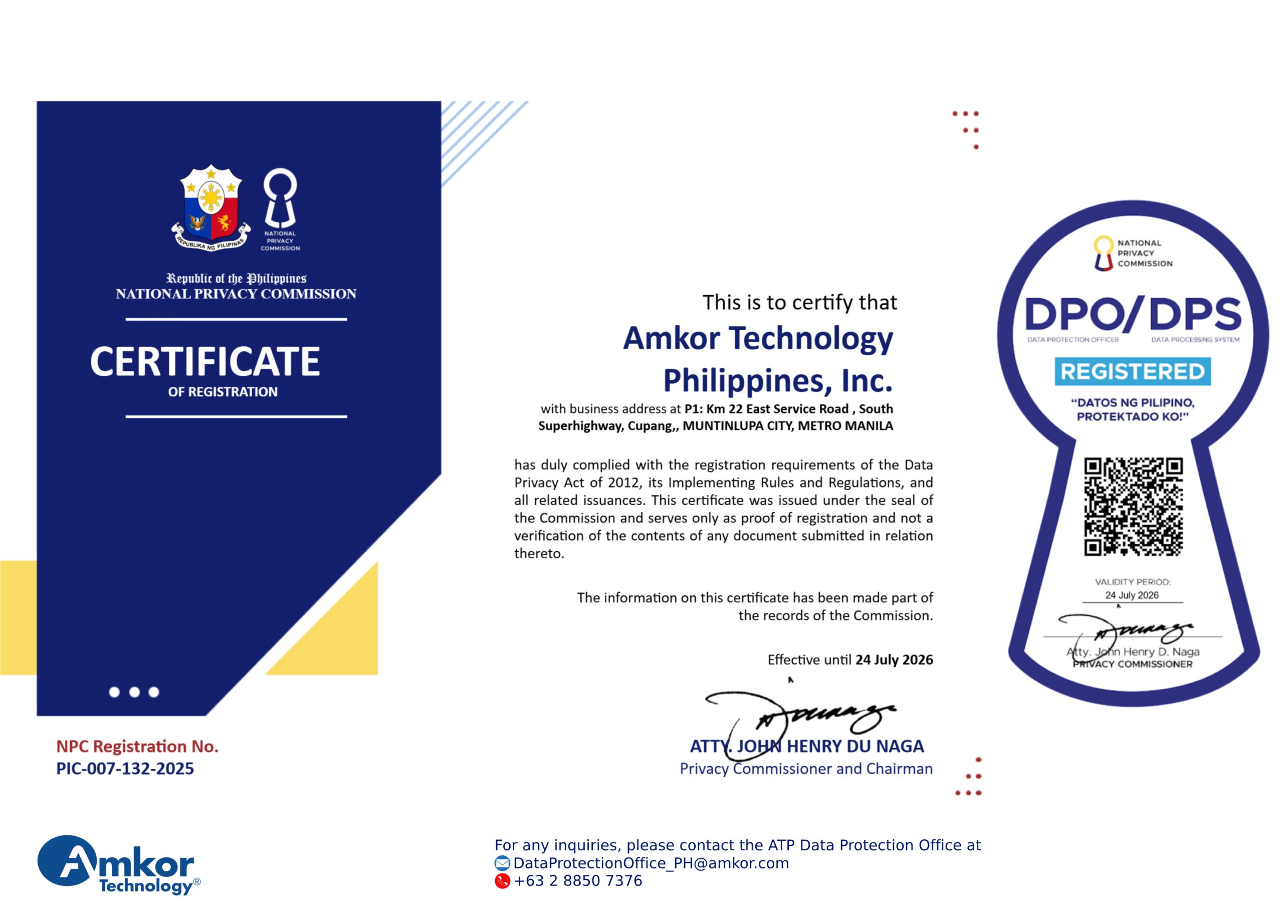 Amkor Technology Philippines-DPA DPO DPS Certification